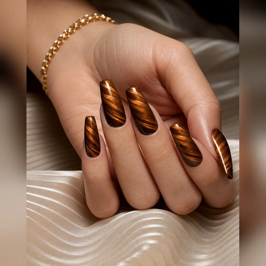 Bronze Tiger Eye — coffin cat eye nails with bronze-brown magnetic cat-eye with banded tiger's-eye stripes and a warm gold flash, glossy…
