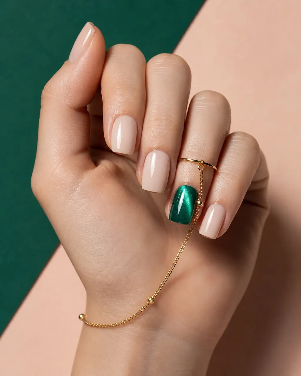 Cat-Eye Accent Nude — square cat eye nails with sheer nude crème on every nail except the ring fingers, which get an emerald magnetic cat-eye…