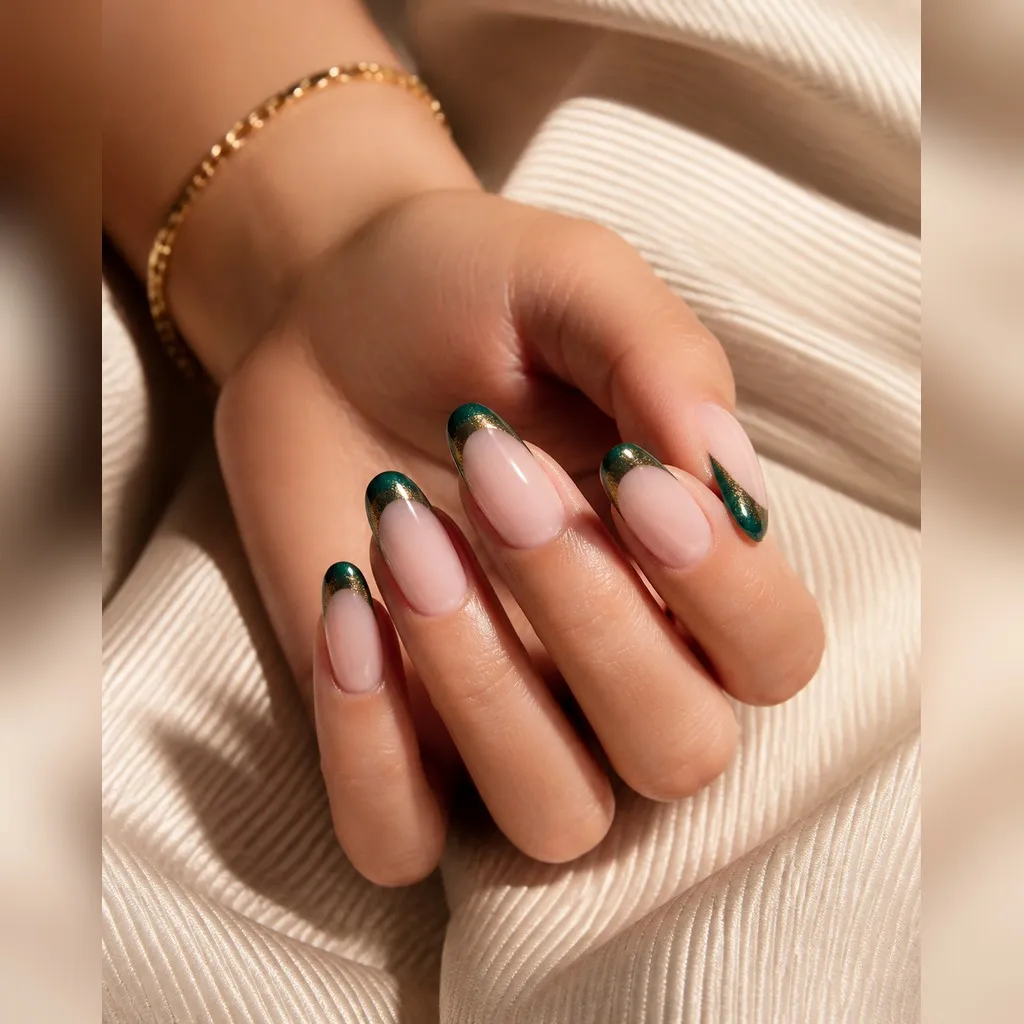 Cat-Eye French Tips — almond cat eye nails with sheer nude base with emerald magnetic cat-eye french tips only, gold flash, glossy seal…