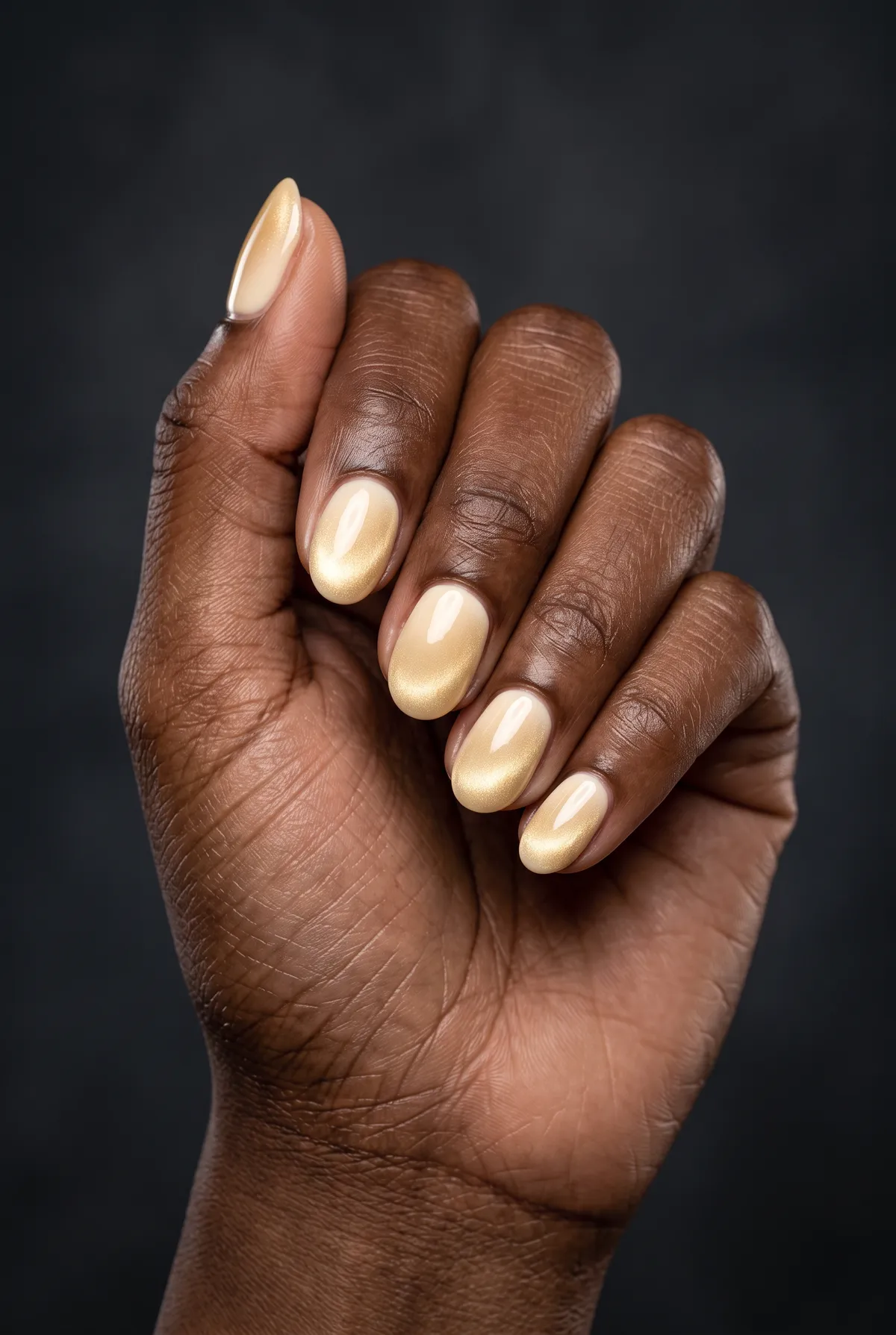 Champagne Drift — round cat eye nails with please apply an ivory gel base, sweep a soft gold magnetic top coat gently across, keep nails…