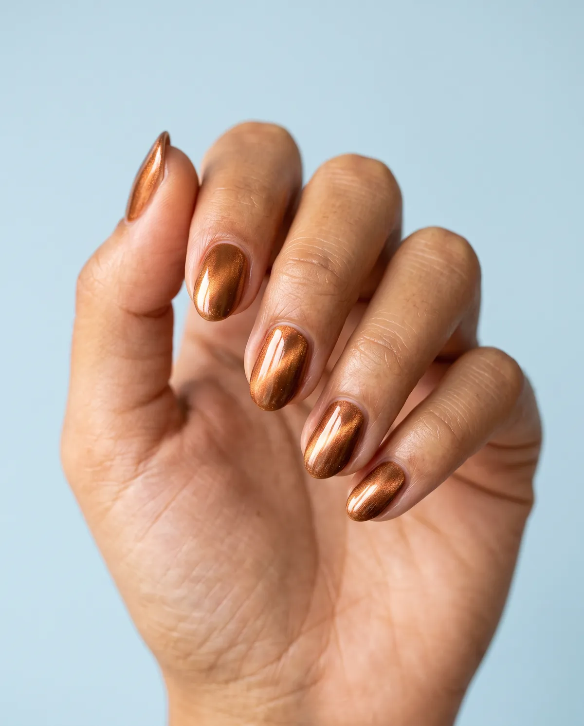 Copper Mirage — almond cat eye nails with please use a copper gel base with a bronze magnetic top coat on short almond nails, finish glossy