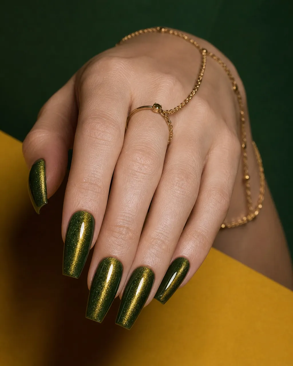 Forest Moss Cat-Eye — coffin cat eye nails with deep moss green magnetic cat-eye with a fine gold vertical flash, glossy seal, medium coffin