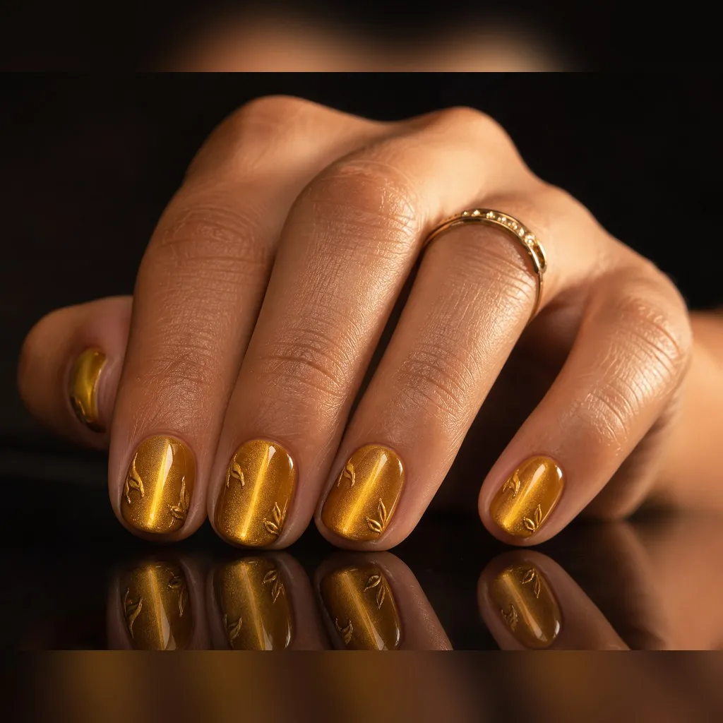 Honey Gold Cat-Eye — round cat eye nails with warm honey-gold magnetic cat-eye polish, magnet held vertical for a soft centre line, glossy…