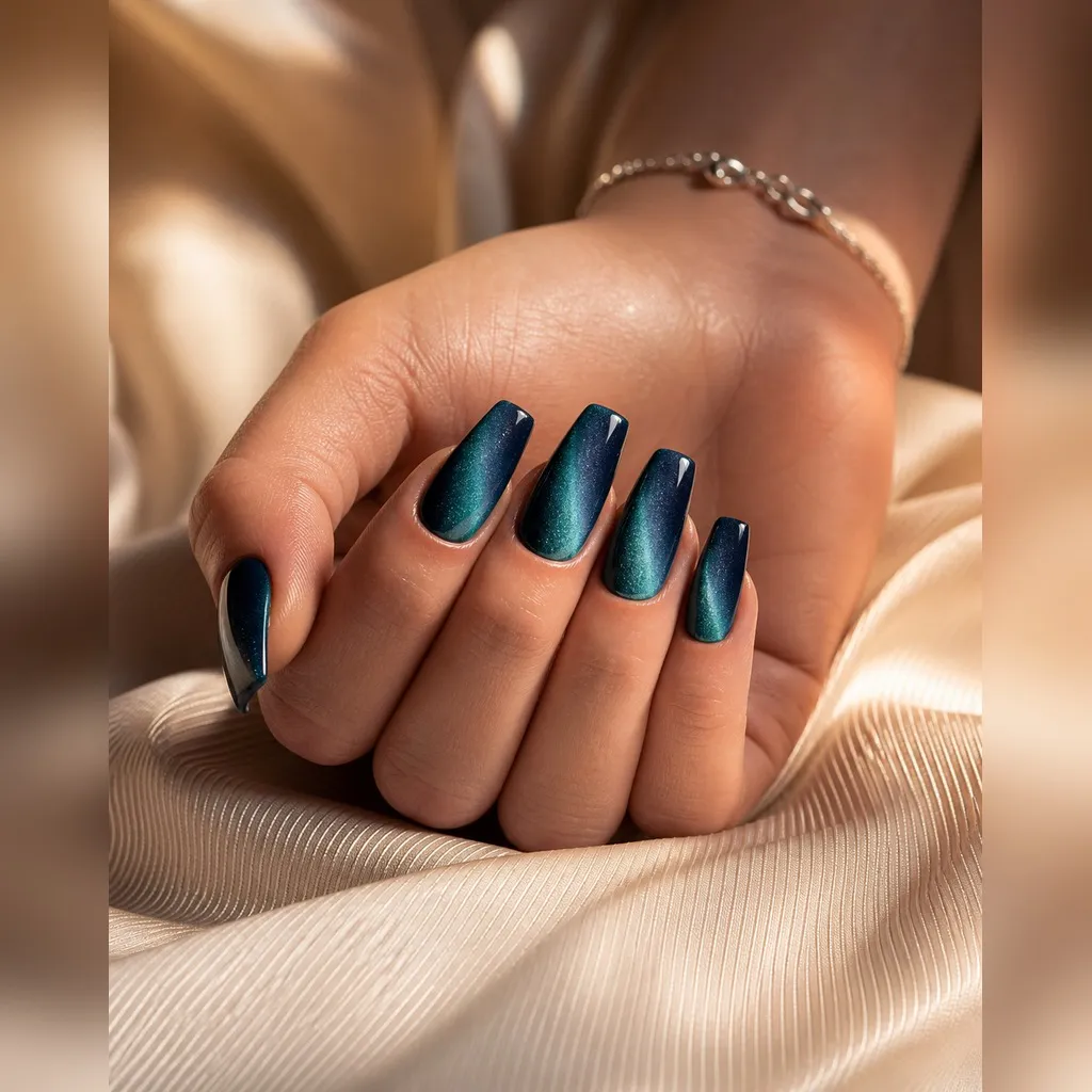 Mermaid Teal Ombré — coffin cat eye nails with teal-to-navy magnetic cat-eye gradient, soft blend with the flash running through both…