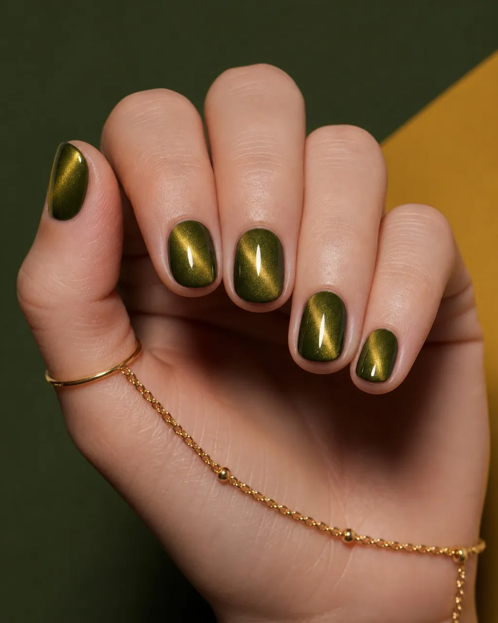 Olive Gold Cat-Eye — round cat eye nails with olive green magnetic cat-eye with a warm gold flash, soft centre line, glossy, short round