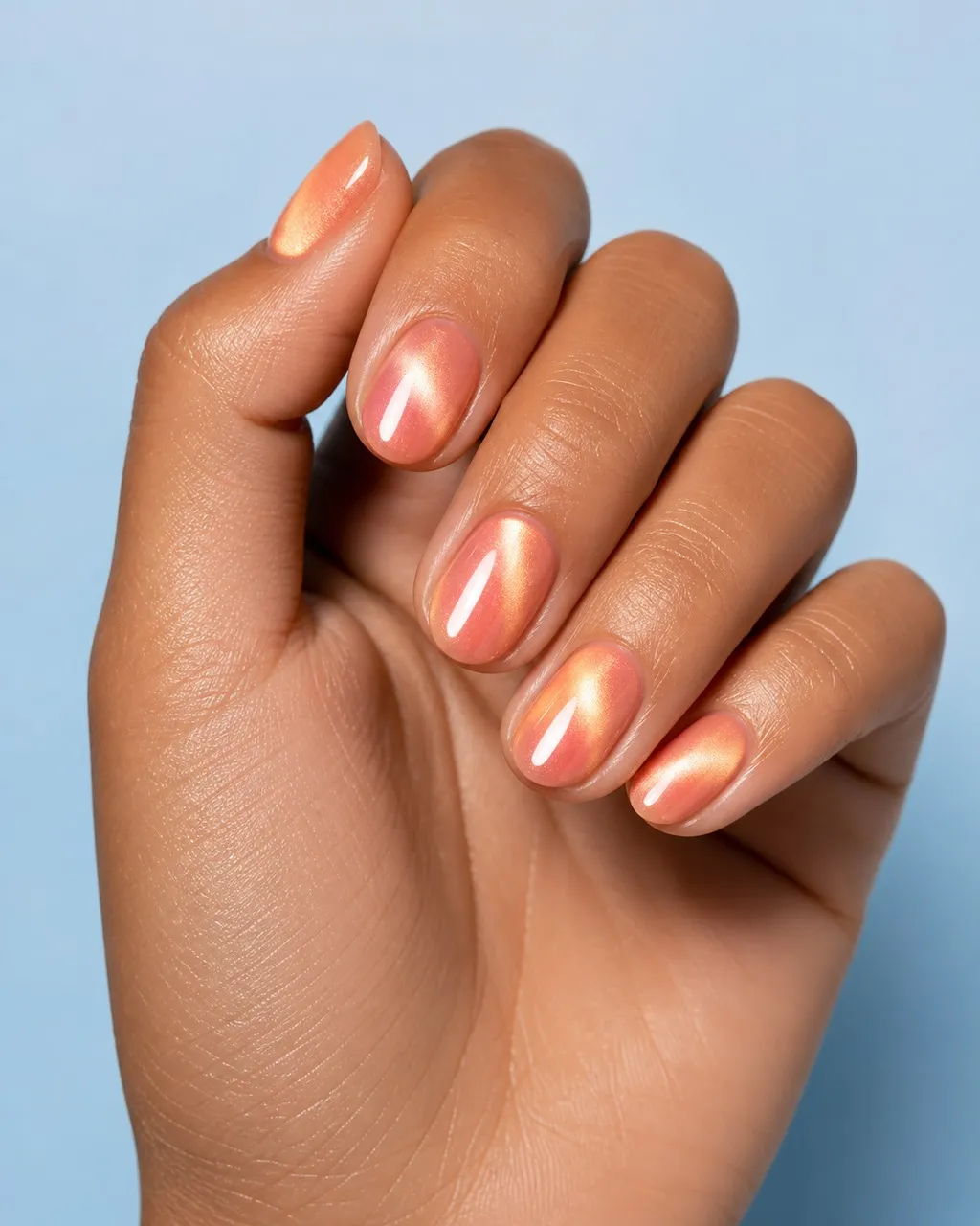 Peach Nebula — round cat eye nails with soft peach-coral magnetic cat-eye polish with a golden flash blurred into a cloud, glossy, short round