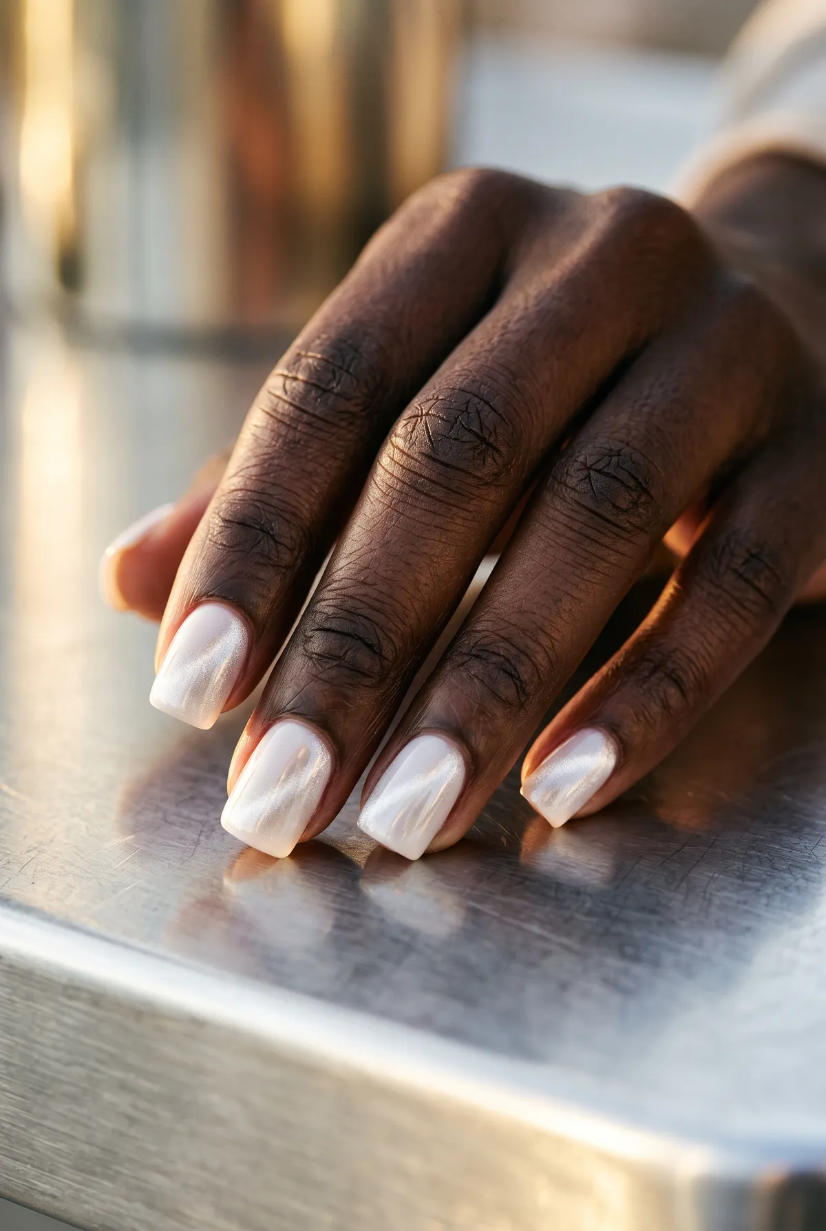 Pearl Mink — square cat eye nails with use a pearl-white gel base with a silver magnetic swipe, short square shape, glossy top coat