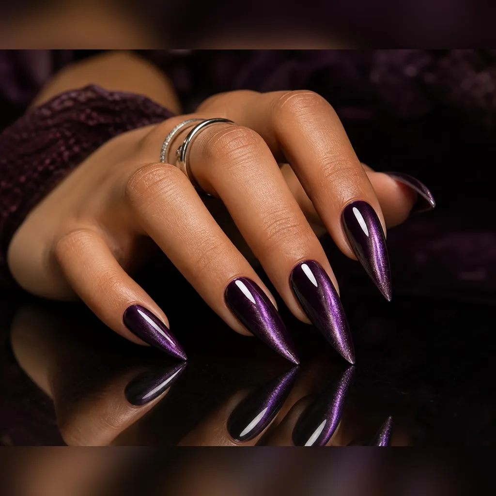 Plum Noir Stiletto — stiletto cat eye nails with near-black plum magnetic cat-eye with a violet flash pulled into a long centre line, glossy…