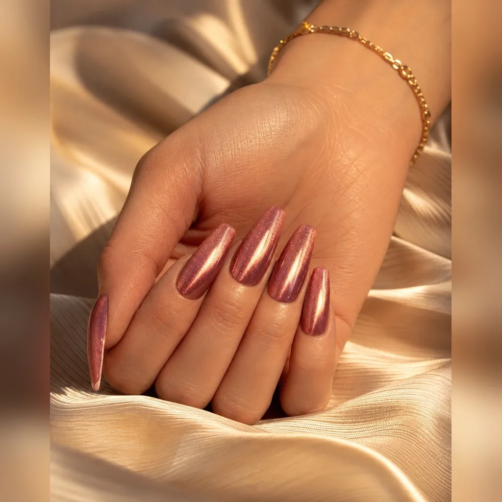 Rose Gold Cat-Eye — coffin cat eye nails with rose-gold magnetic cat-eye with a pink-copper flash pulled into a long centre line, glossy…