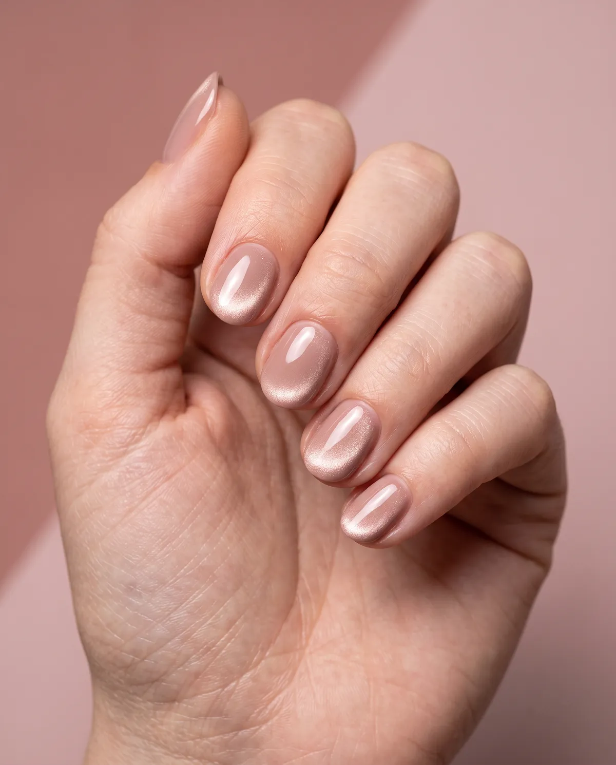 Rosé Whisper — round cat eye nails with please use a rosy taupe gel base with a light champagne magnetic swipe, keep the line soft and…