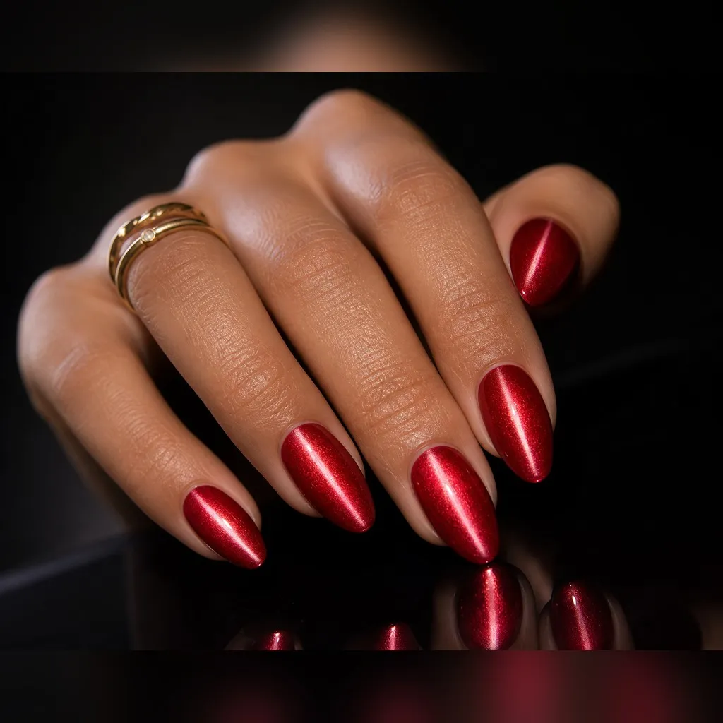 Ruby Rose Cat-Eye — almond cat eye nails with bright ruby red magnetic cat-eye with a pink-toned flash pulled into a soft vertical line…