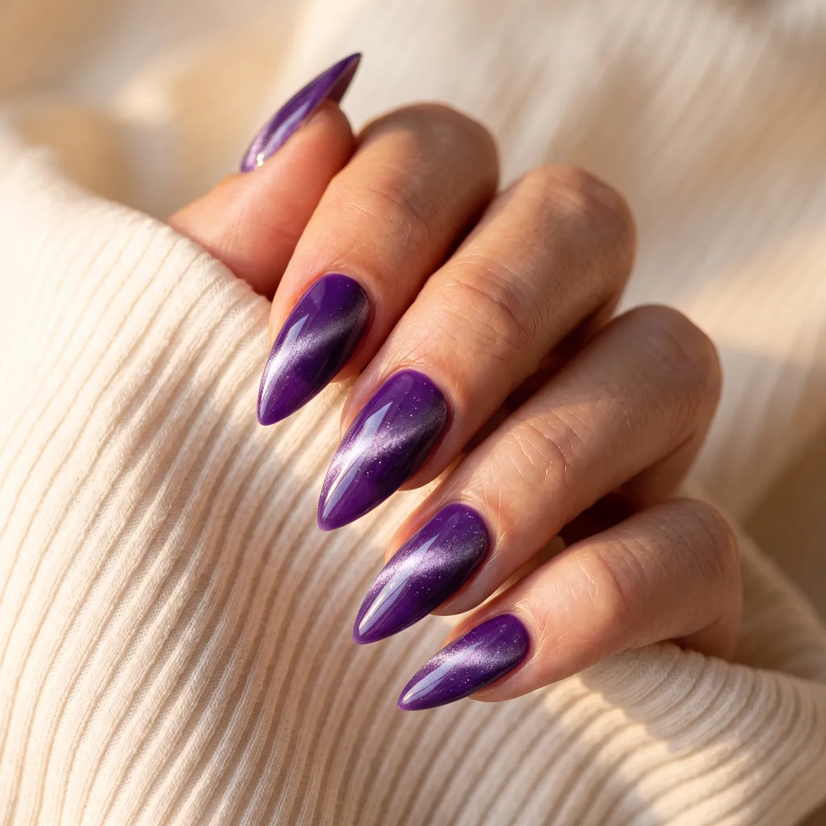 Violet Haze — stiletto cat eye nails with use a violet gel base, sweep a lilac-silver magnetic top coat diagonally, shape into a long…