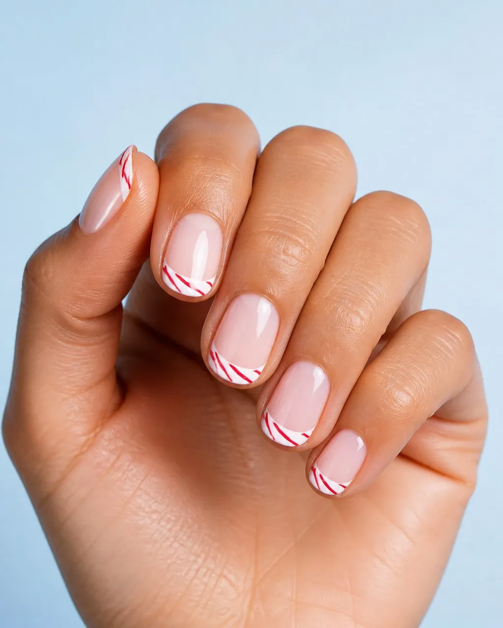 Candy Cane French — round christmas nails with sheer pink base with white french tips and thin diagonal red candy-cane stripes across the…