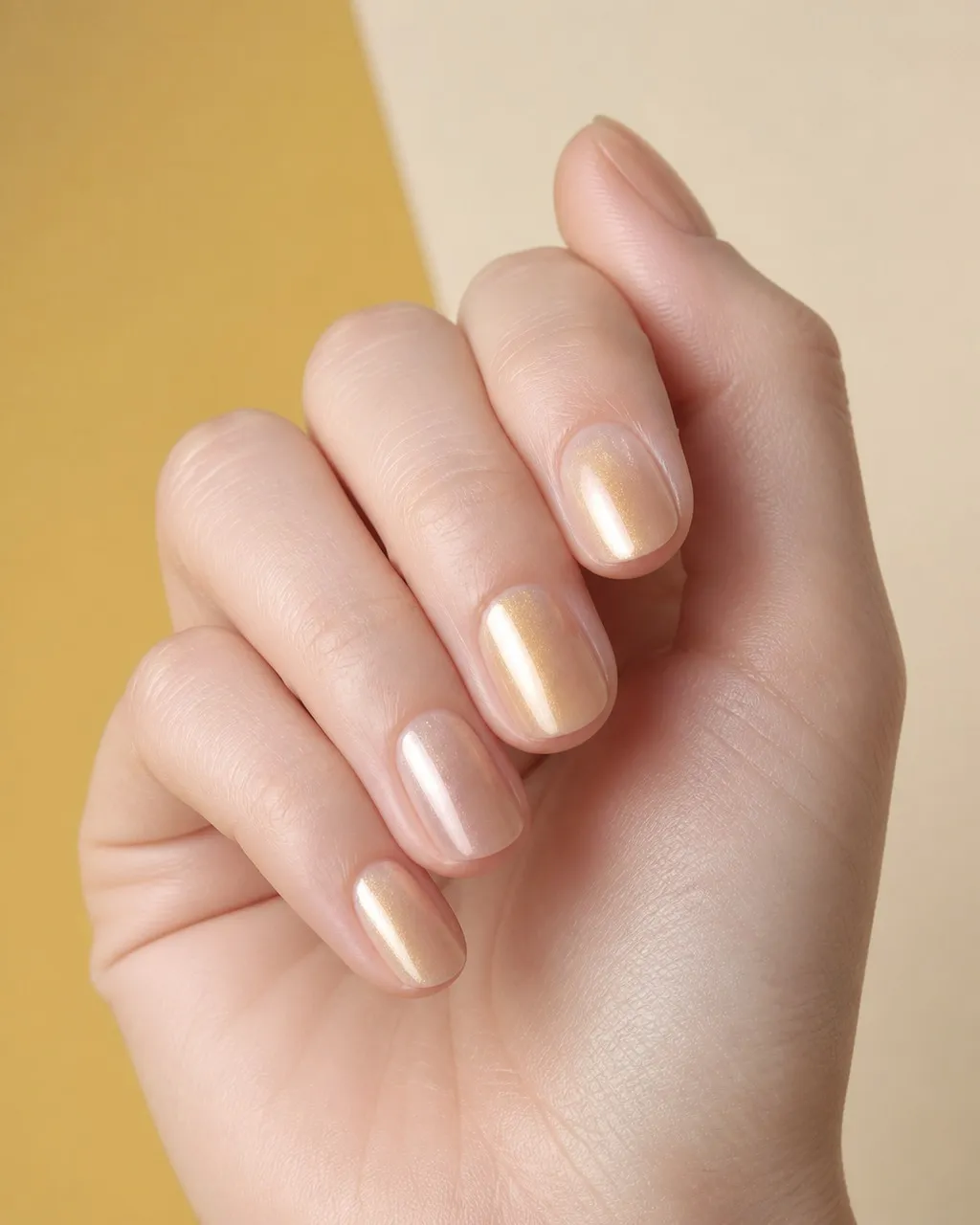 Champagne Toast — round christmas nails with sheer nude base with a pale champagne-gold chrome powder buffed over, soft sheen rather than…