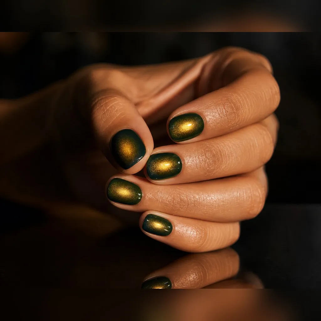 Fairy Light Aura — round christmas nails with deep evergreen base with a warm gold aura airbrushed in the centre of each nail fading to the…