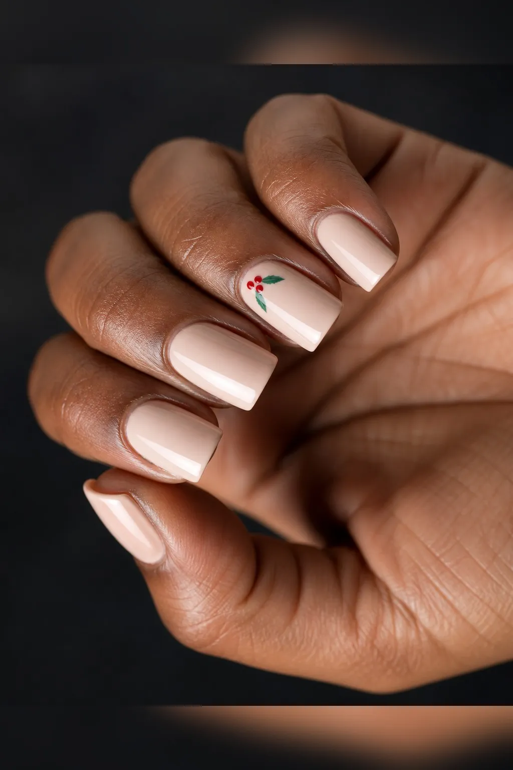 Holly Berry Dots — square christmas nails with sheer nude base, with a small holly sprig — three red dots and two green leaf strokes — near…