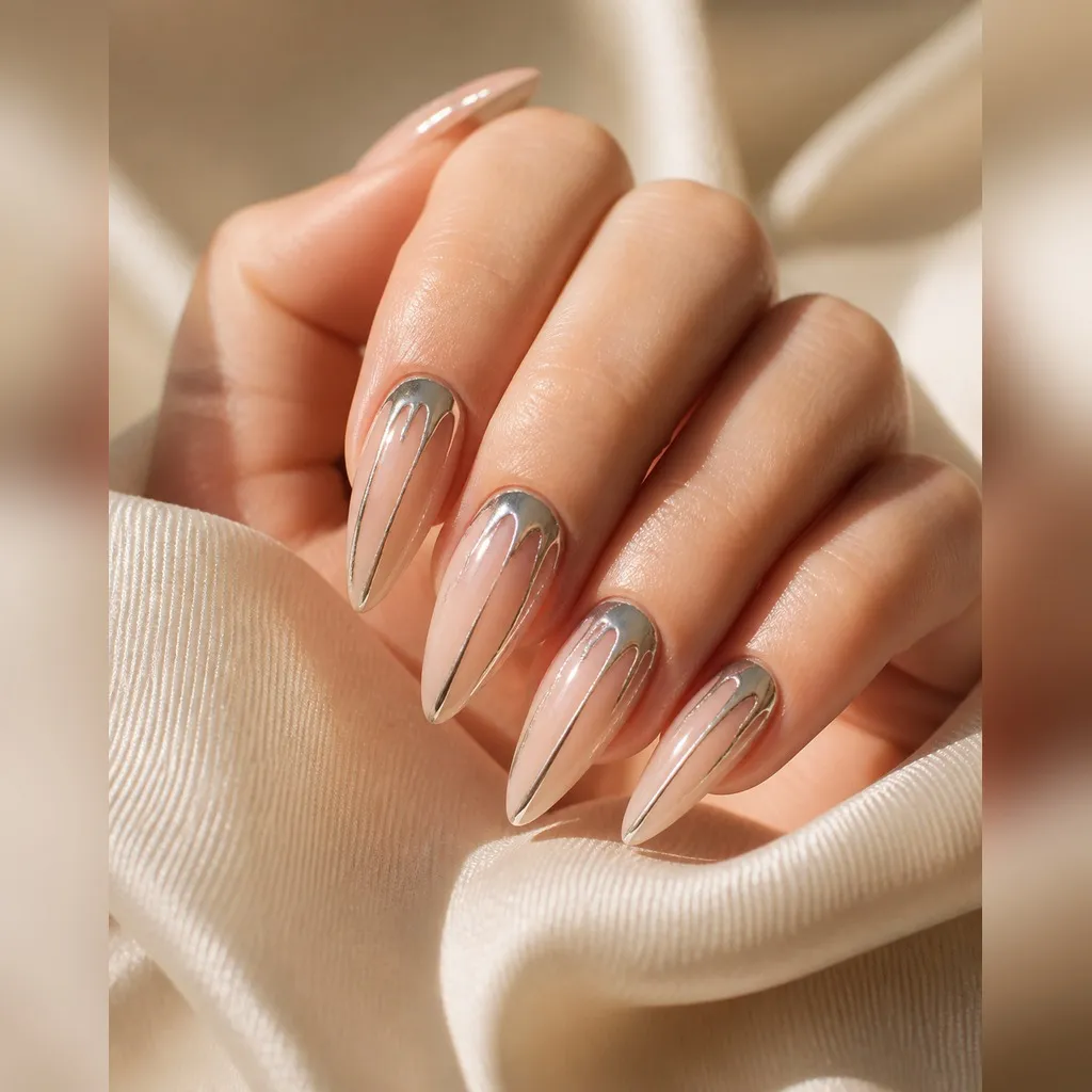 Icicle Negative Space — stiletto christmas nails with sheer natural base with silver metallic icicle drips painted from the cuticle down…