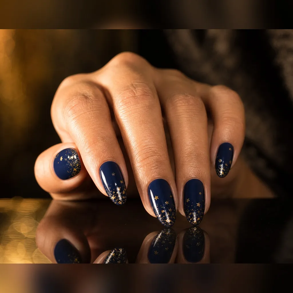 Midnight Star Foil — almond christmas nails with deep navy crème with small gold foil star flecks clustered toward the tips, glossy seal…