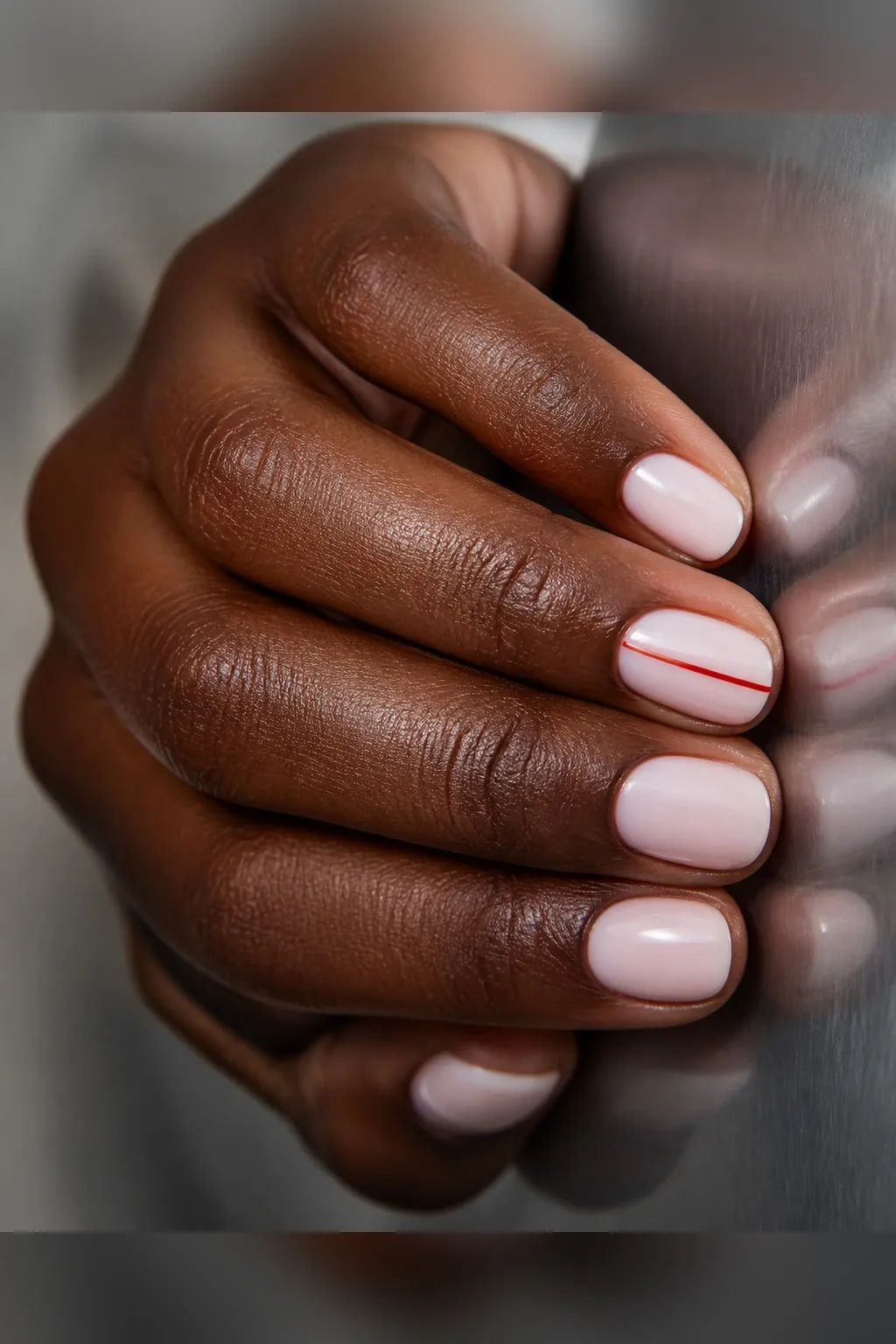 Peppermint Milk — round christmas nails with sheer milky pink-white base, two thin coats, with one hairline red vertical stripe on the ring…