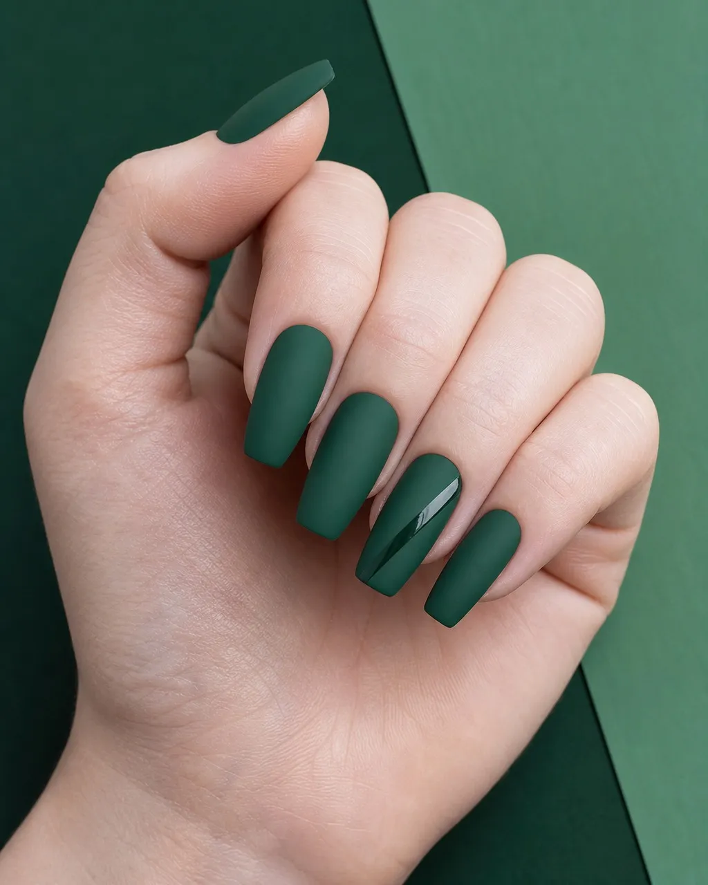 Pine Needle Matte — coffin christmas nails with deep pine green crème with a matte top coat, plus one glossy diagonal stripe on the ring…