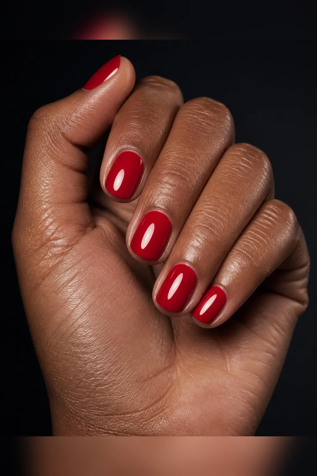Ruby Glass — round christmas nails with true ruby red crème, two coats, under a high-gloss glaze top coat, short round