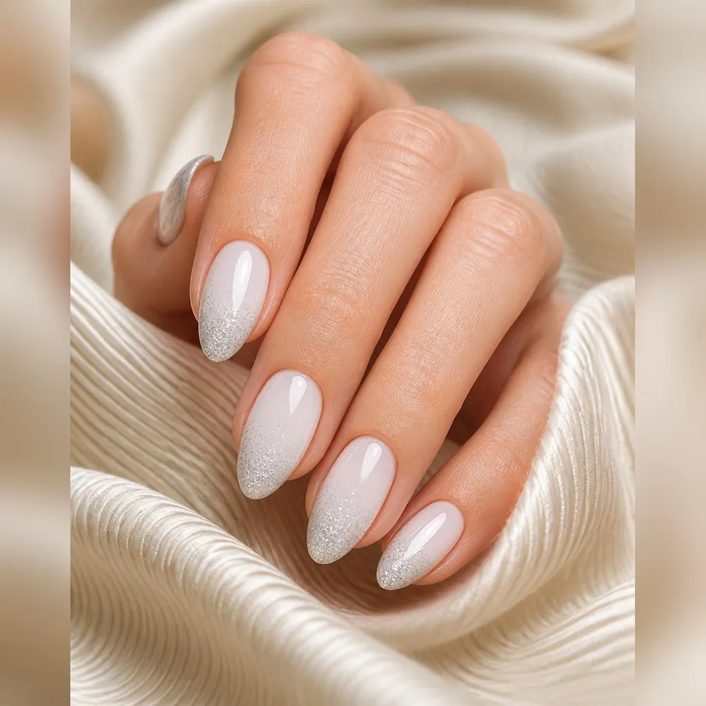 Snow Globe Gradient — almond christmas nails with sheer milky white base fading into fine silver glitter at the tips, soft gradient, glossy…