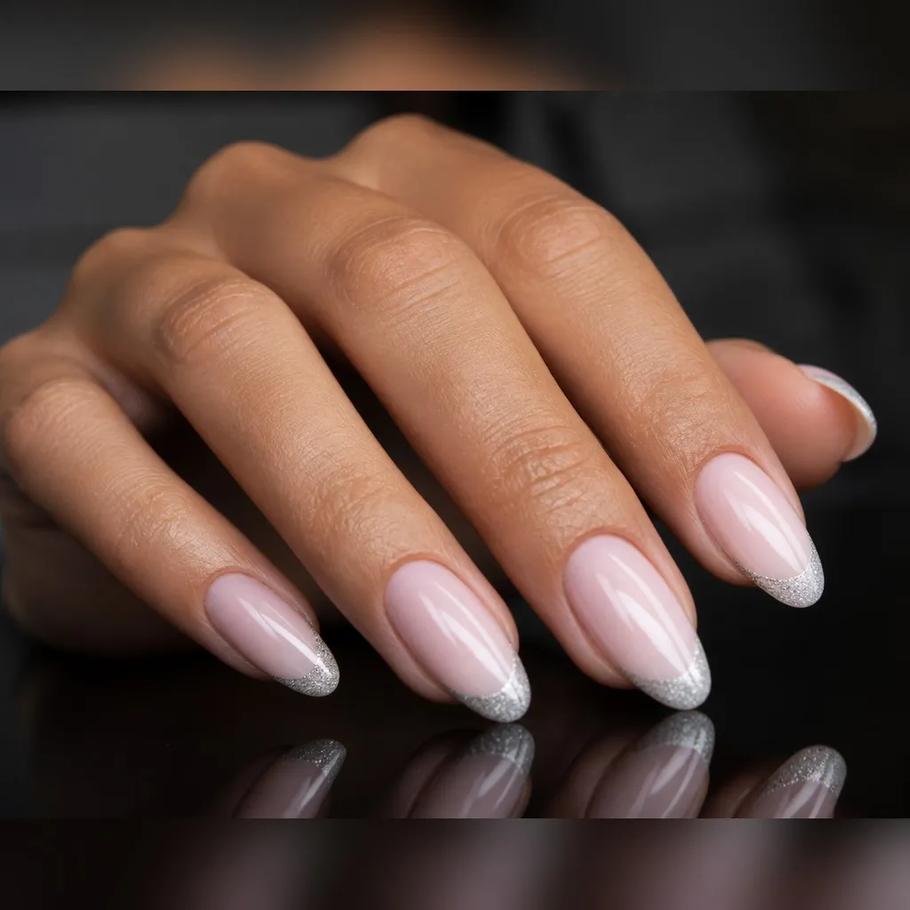 Tinsel Tips — almond christmas nails with sheer pink base with fine silver glitter french tips along a clean smile line, glossy seal, medium…
