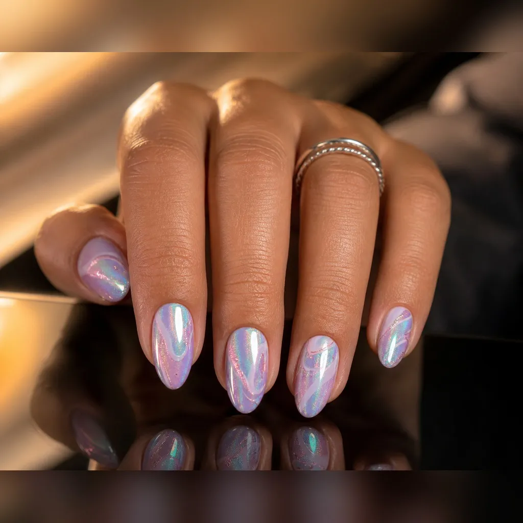 Aurora Chrome — almond chrome nails with sheer milky base with a holographic aurora chrome powder buffed over, lilac-aqua-pink shift, glossy…