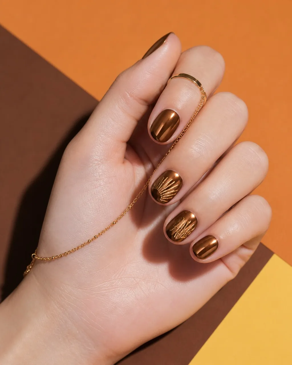Bronze Chrome — round chrome nails with warm bronze chrome powder over a brown base, full mirror finish, glossy, short round