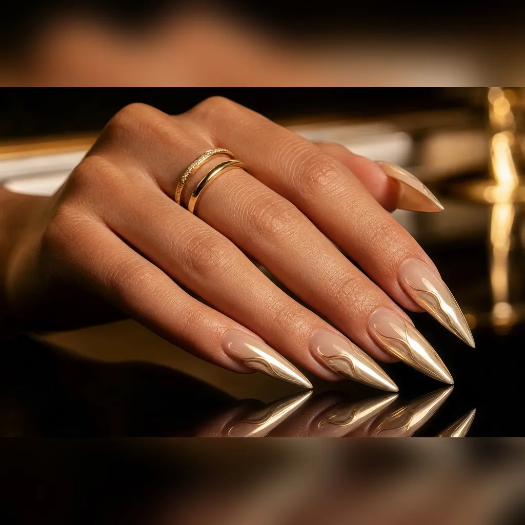 Champagne Mirror Stiletto — stiletto chrome nails with pale champagne chrome powder over a sheer nude base, full mirror finish, glossy, long…