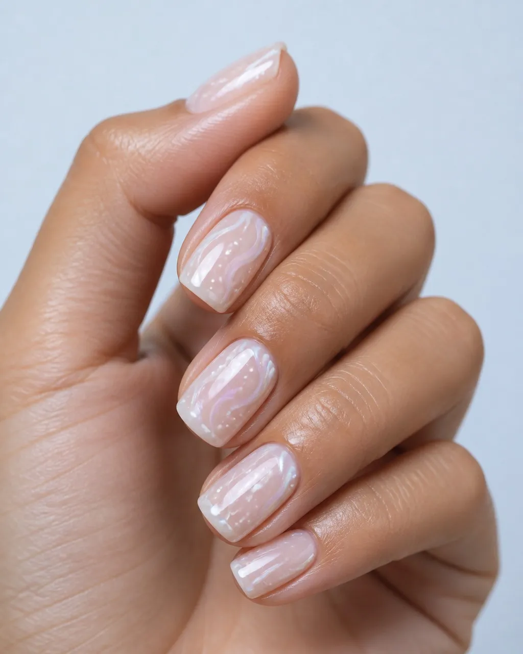 Pearl Glaze Square — square chrome nails with sheer milky nude base with pearl chrome powder buffed over for a soft glazed shine, glossy…