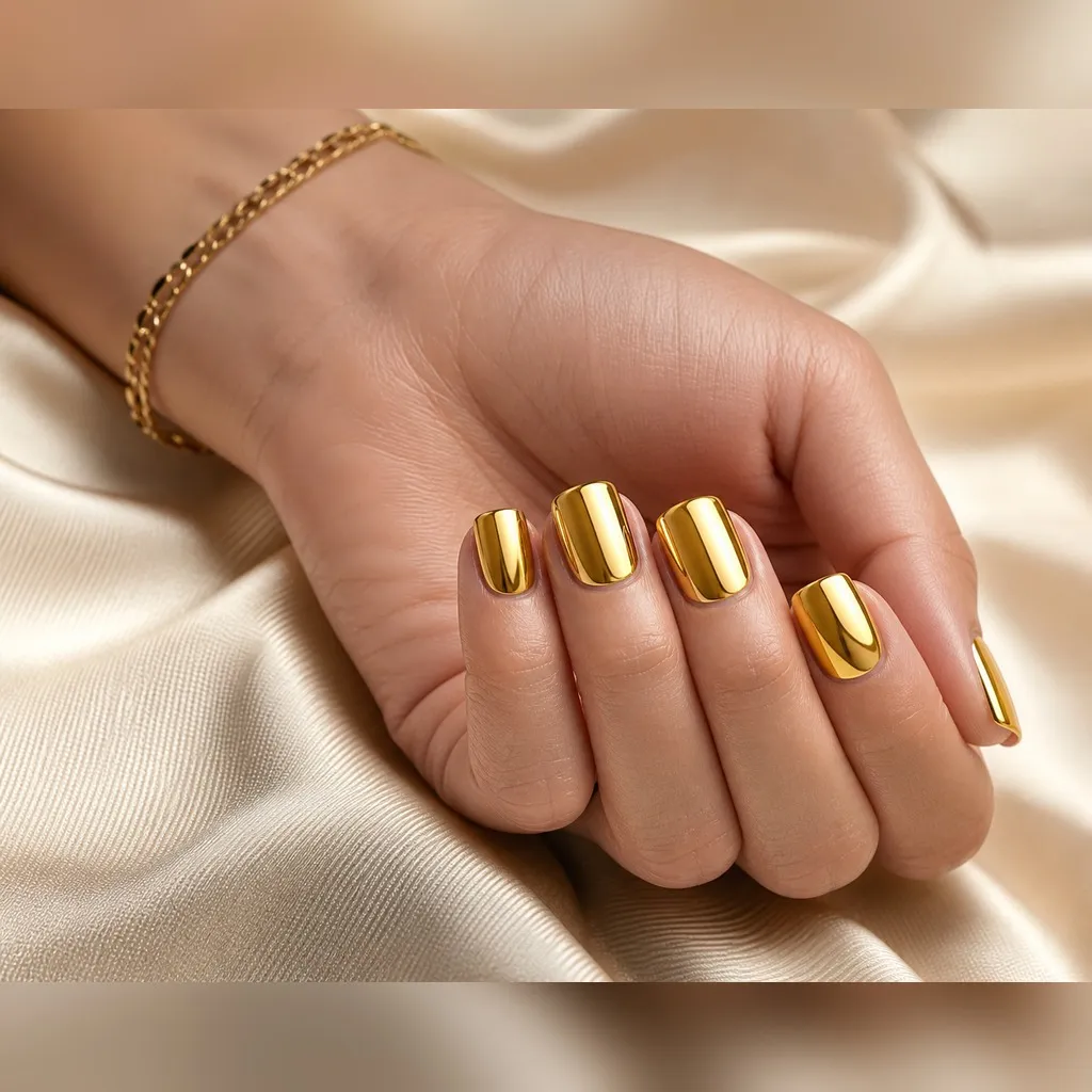 Gold Mirror Square — square chrome nails with gold chrome powder over a warm yellow base, full mirror finish, high gloss, short square