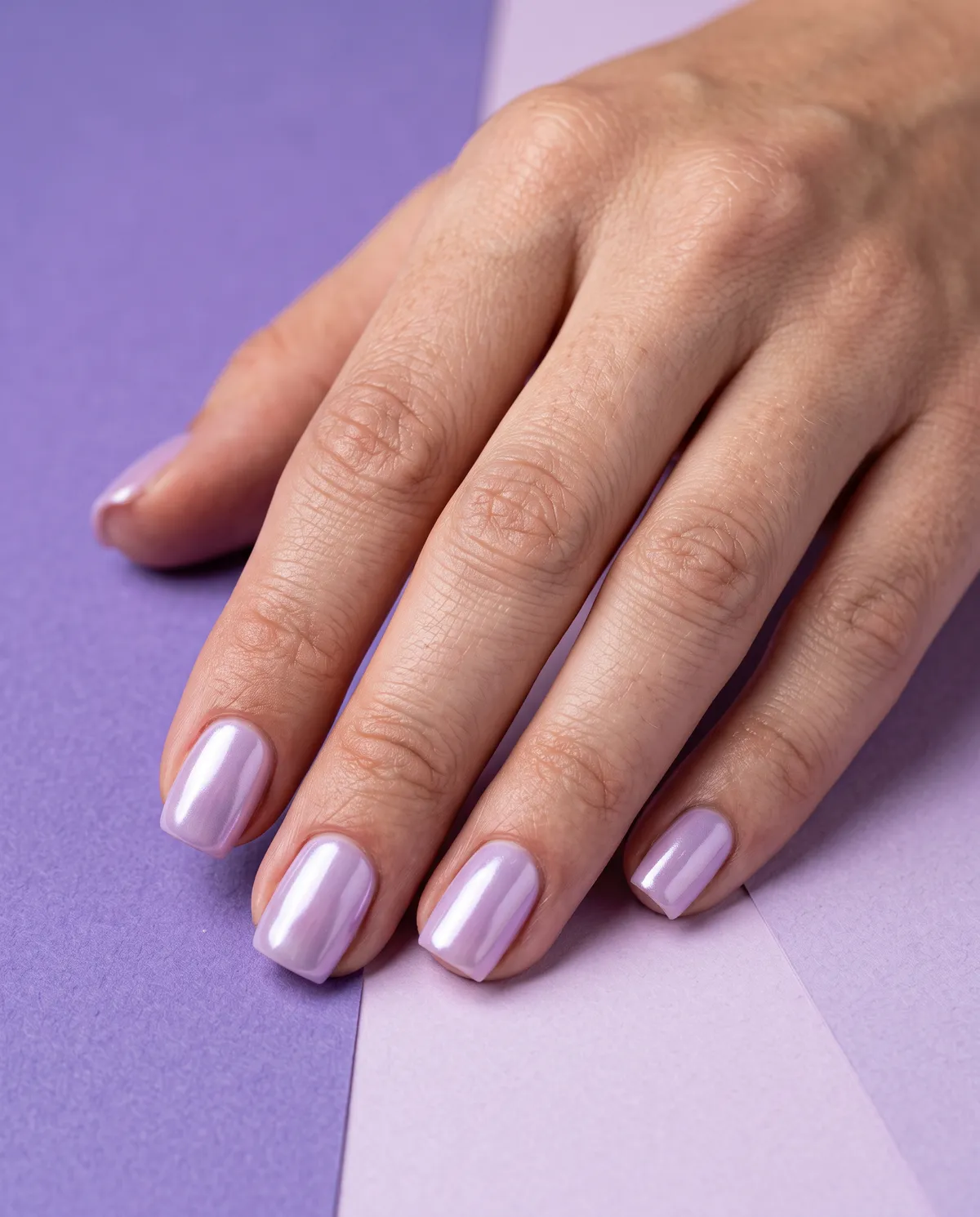 Lavender Whisper Chrome — square chrome nails with sheer lavender gel base with light lavender chrome powder, satin-glossy top coat, short…