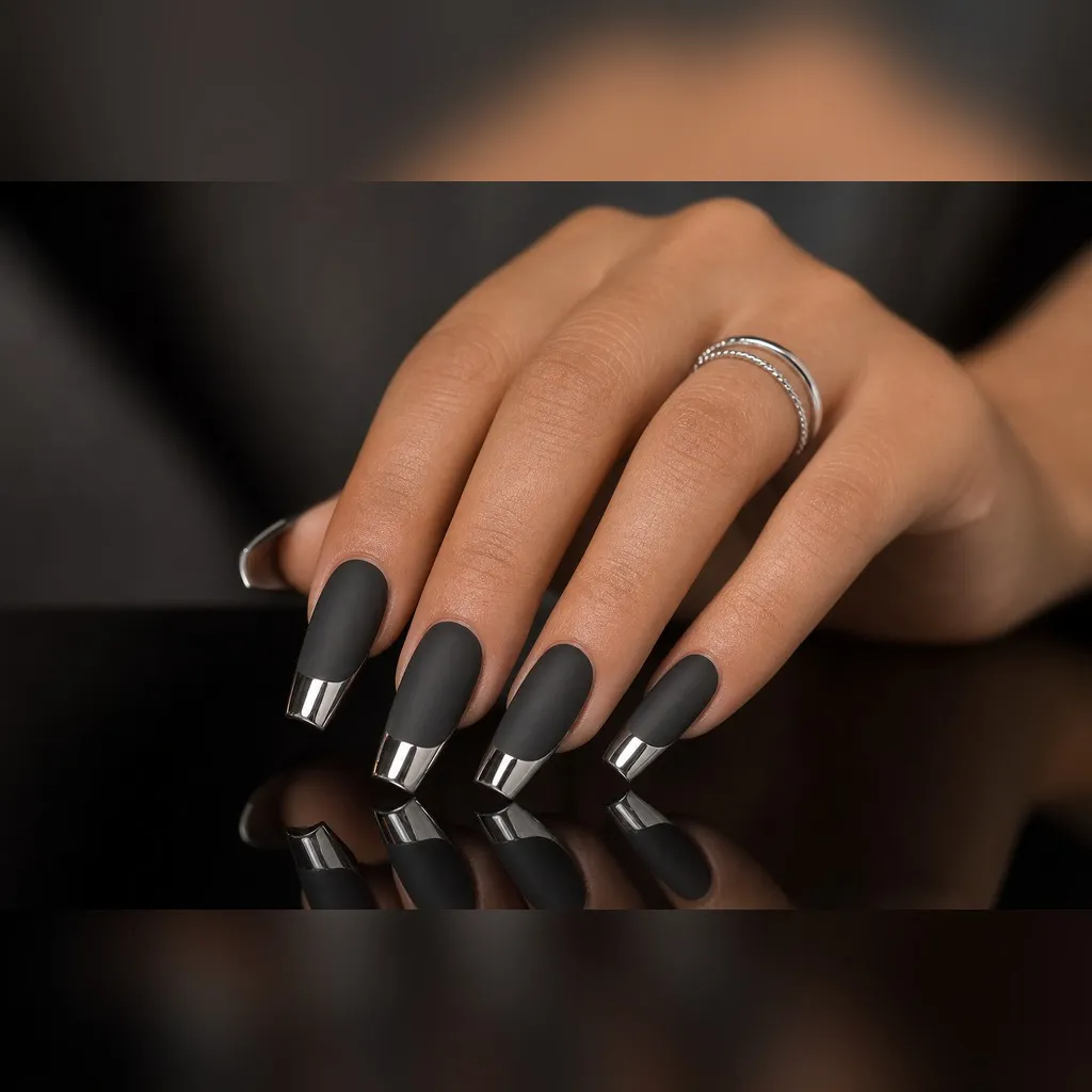 Matte Base Chrome Tip — coffin chrome nails with charcoal grey matte base with a mirror silver chrome on the tips only, crisp line, medium coffin