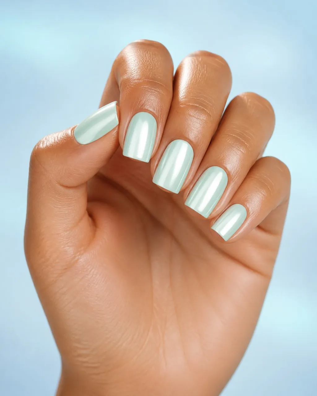 Mint Chrome — square chrome nails with pale mint green base with a chrome powder buffed over for a sea-glass shine, glossy, short square