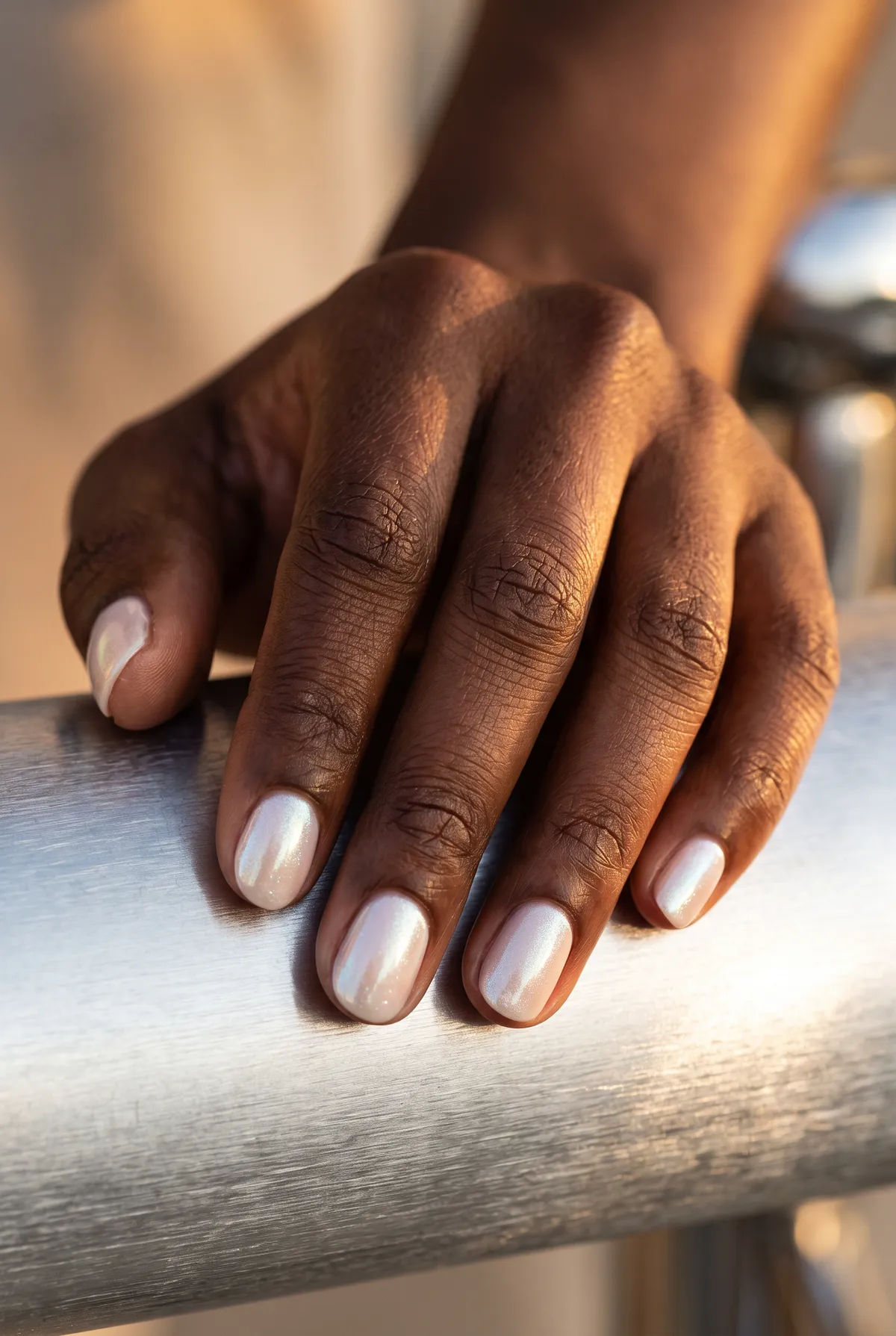 Opal Milk Chrome — round chrome nails with milky white-nude gel base with opal chrome powder, soft glossy seal, short round shape