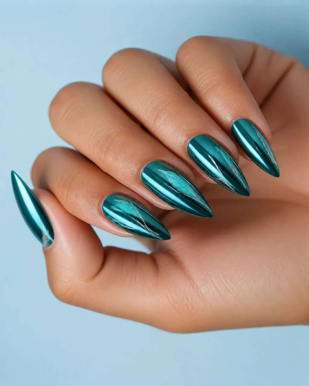 Teal Chrome Stiletto — stiletto chrome nails with deep teal gel base with mirror chrome powder buffed over, full shine, glossy seal, long…