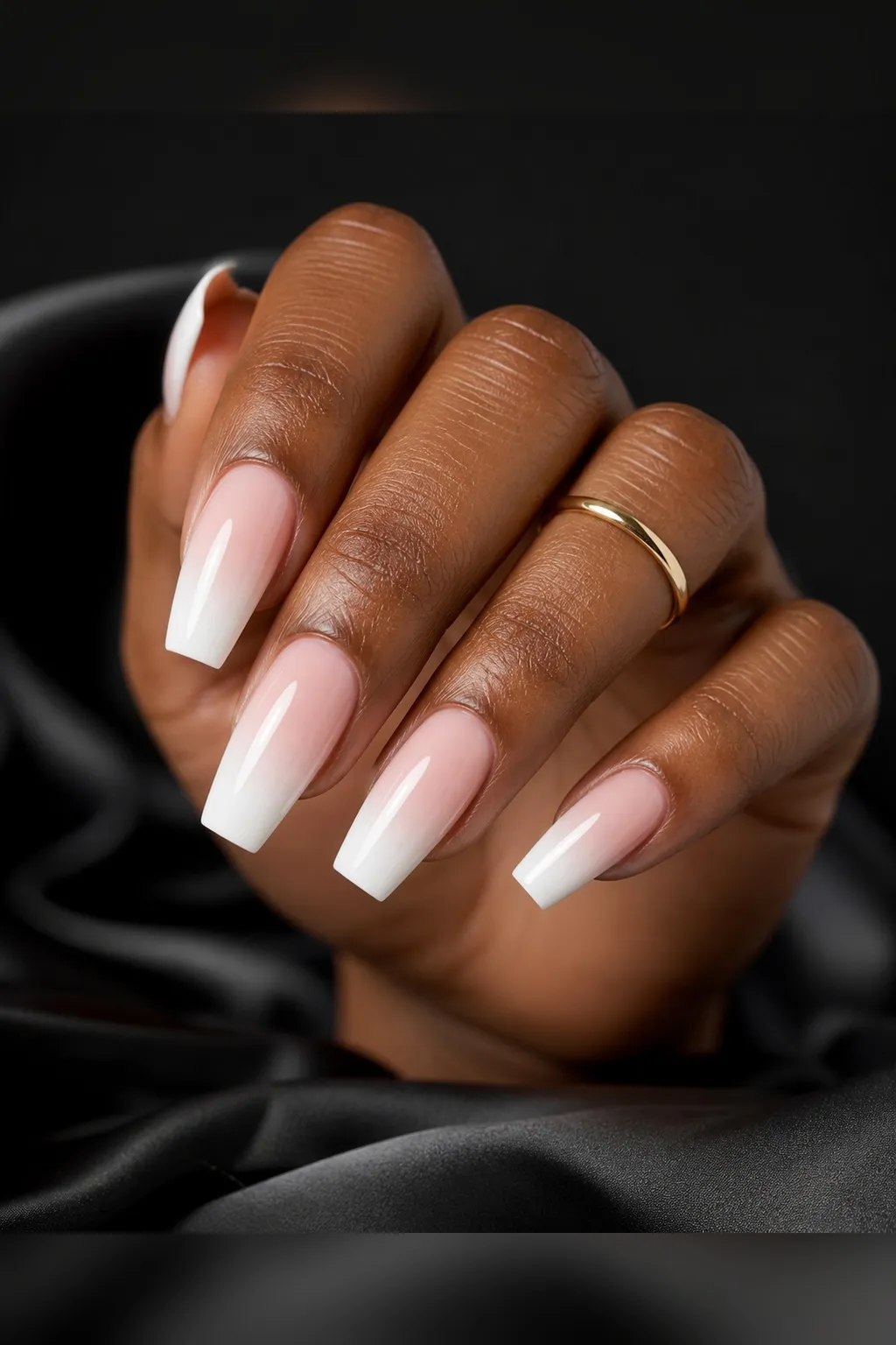 Baby Boomer Coffin — coffin nails with french ombré — white tips fading seamlessly into a sheer blush-pink base — glossy, medium coffin