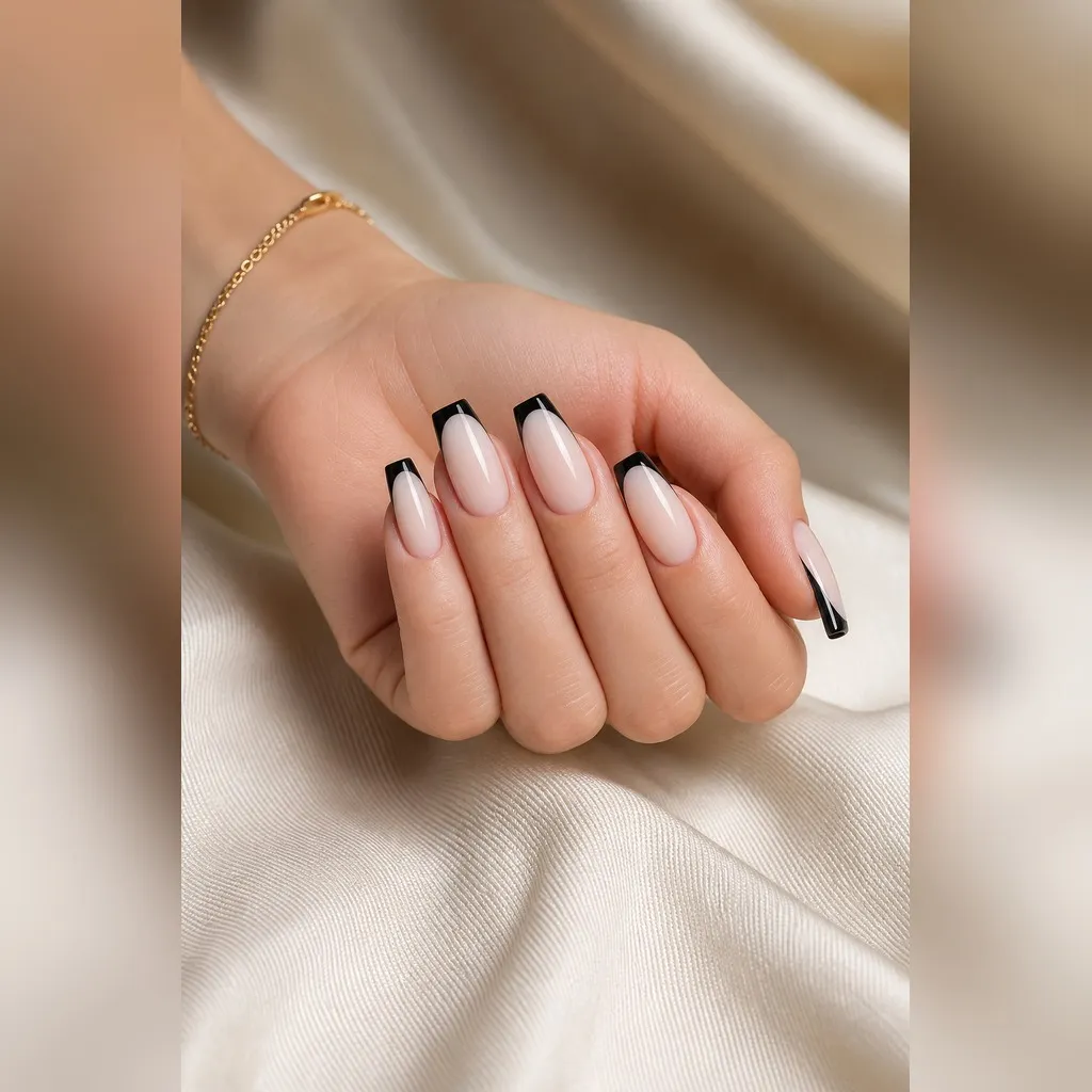 Black French Coffin — coffin nails with sheer milky nude base with a crisp black french tip along a straight smile line, glossy, medium coffin