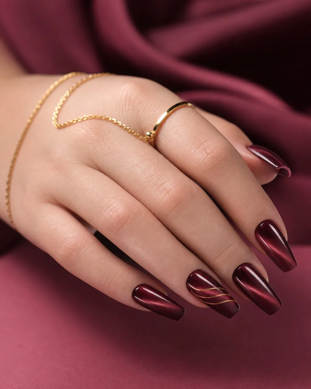 Burgundy Velvet Coffin — coffin nails with deep burgundy magnetic cat-eye gel with a long diagonal flash, velvet depth, glossy seal, medium…