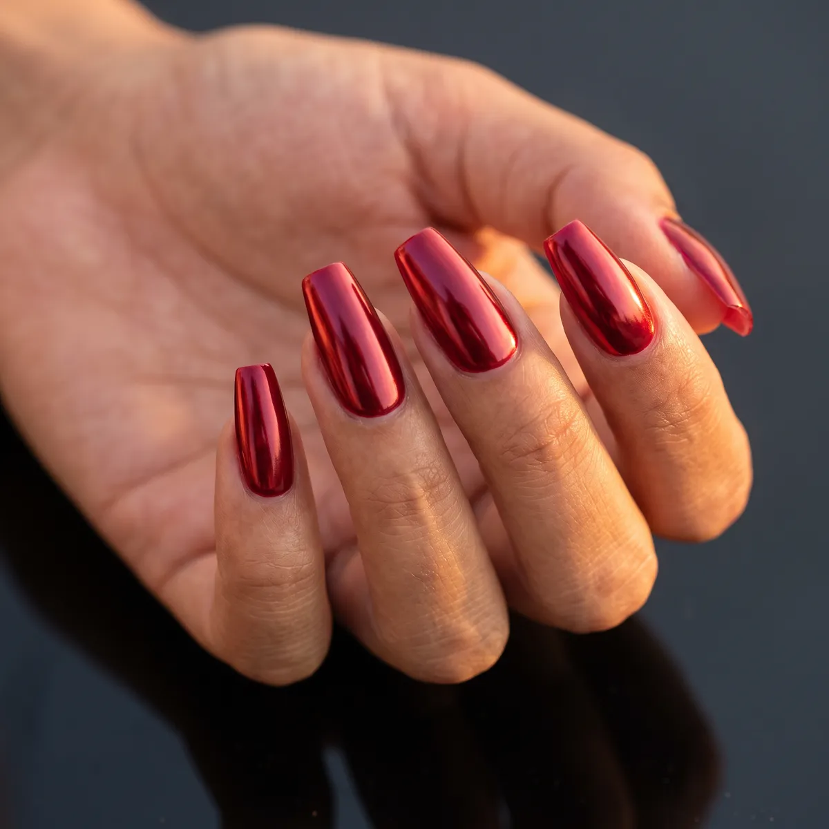 Cherry Lacquer Chrome — coffin coffin nails with cherry red gel base with a chrome powder overlay on a long coffin shape, please