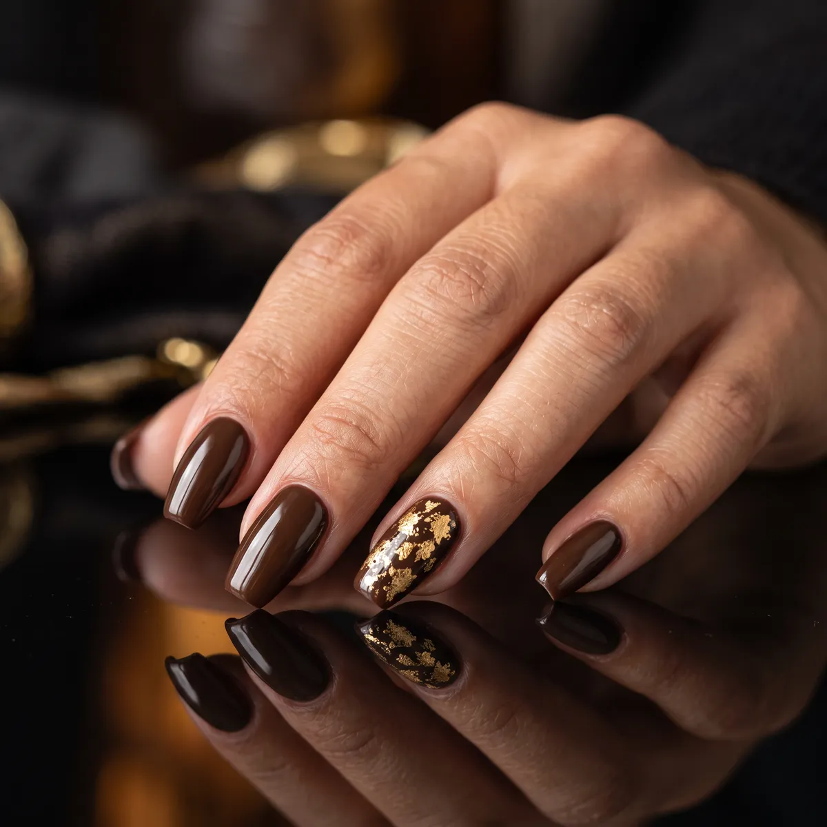 Cocoa Foil Accent — coffin coffin nails with chocolate brown gel base with gold foil accent on one nail, coffin shape, please