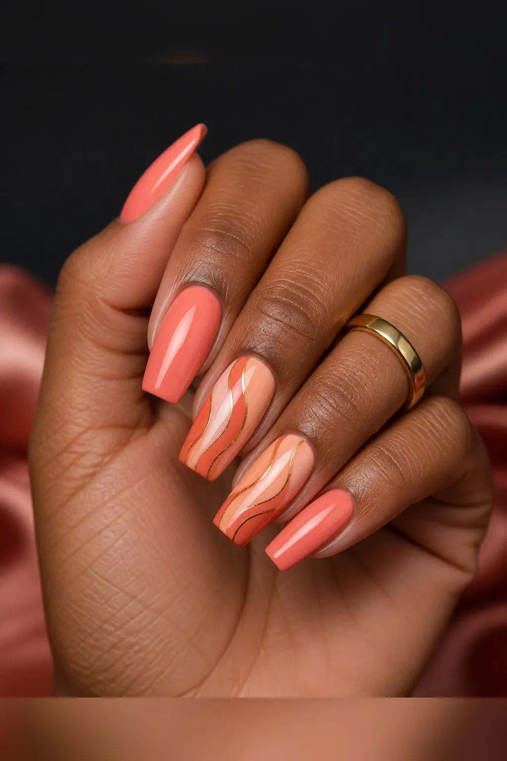 Coral Glaze Coffin — coffin nails with warm coral-pink crème, two coats, under a high-gloss glaze top coat, medium coffin