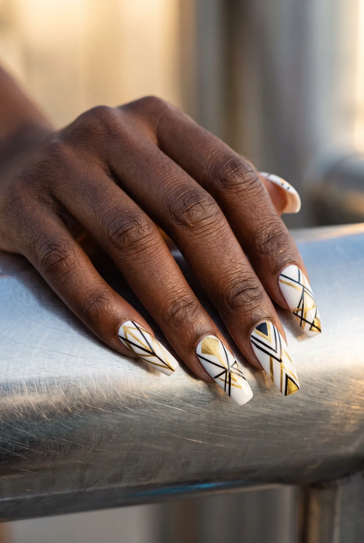 Deco Line Art — coffin coffin nails with black and gold geometric line art over a white base on a long coffin shape, please