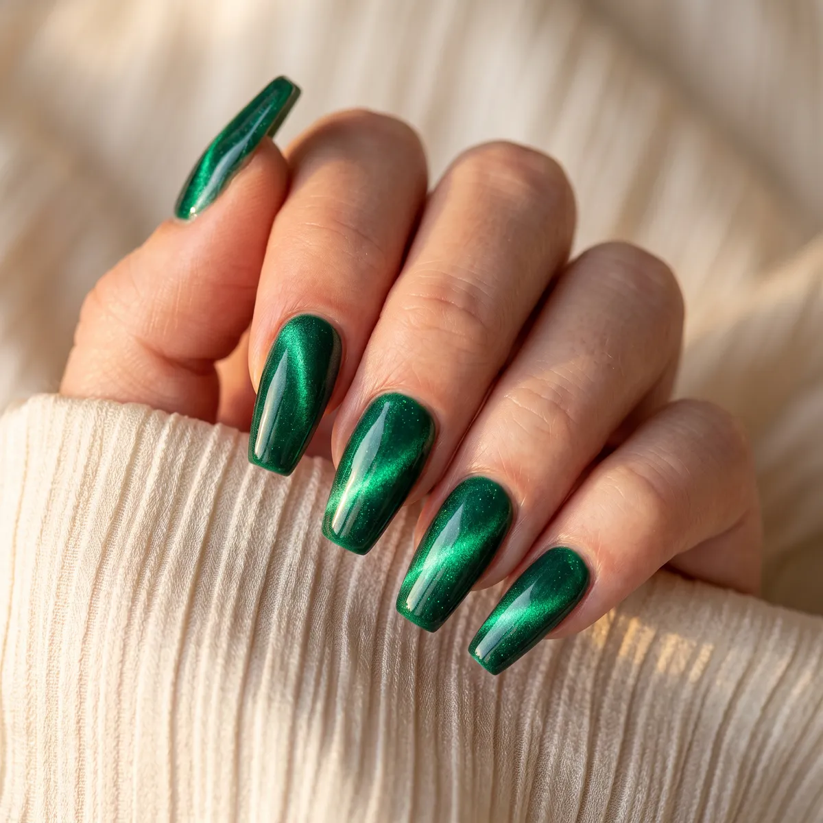 Emerald Shimmer Cat-Eye — coffin coffin nails with emerald green cat-eye gel with magnetic pull for shimmer on a long coffin shape, please