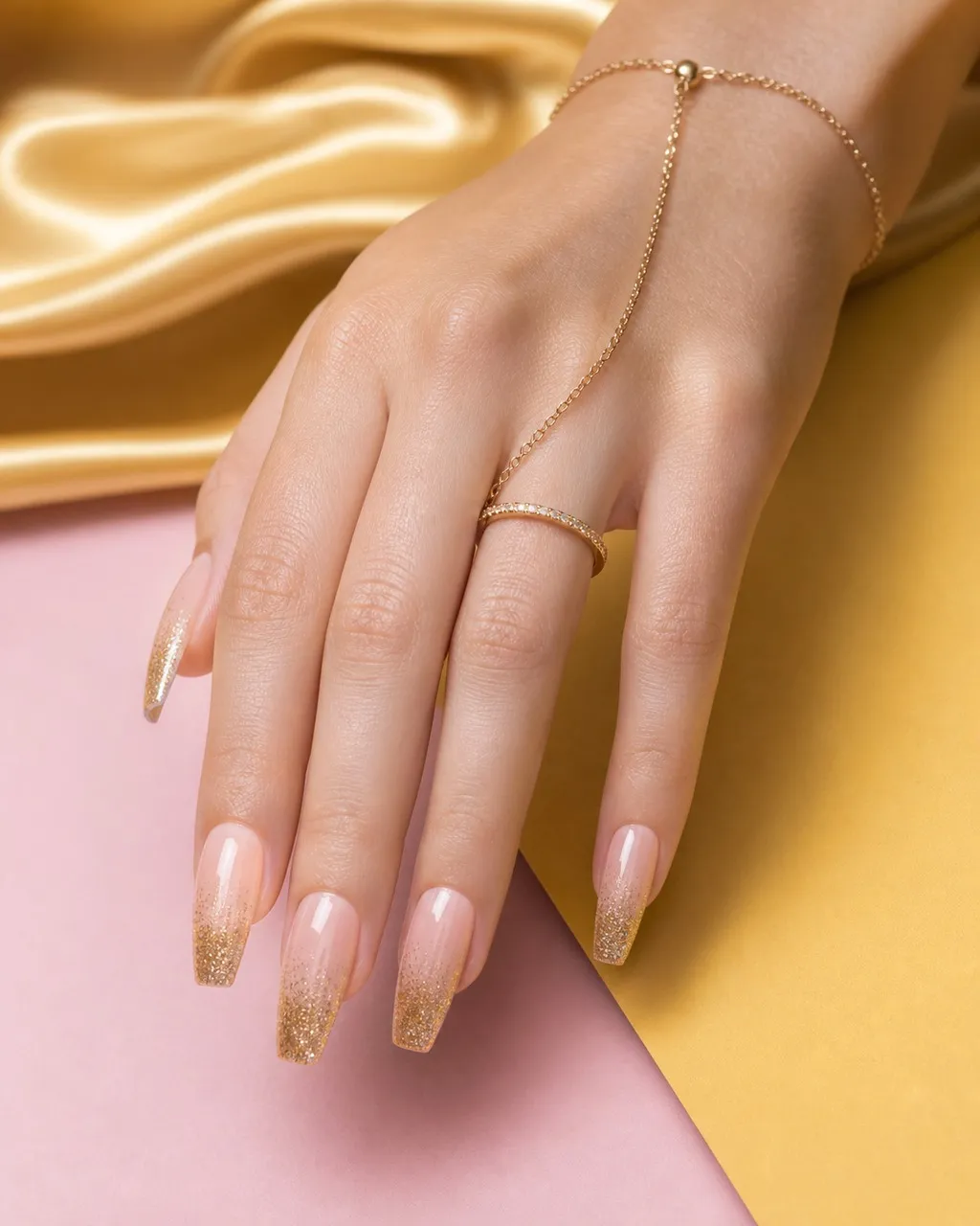 Glitter Tip Coffin — coffin nails with sheer pink base with fine gold glitter french tips faded softly upward, glossy seal, medium coffin