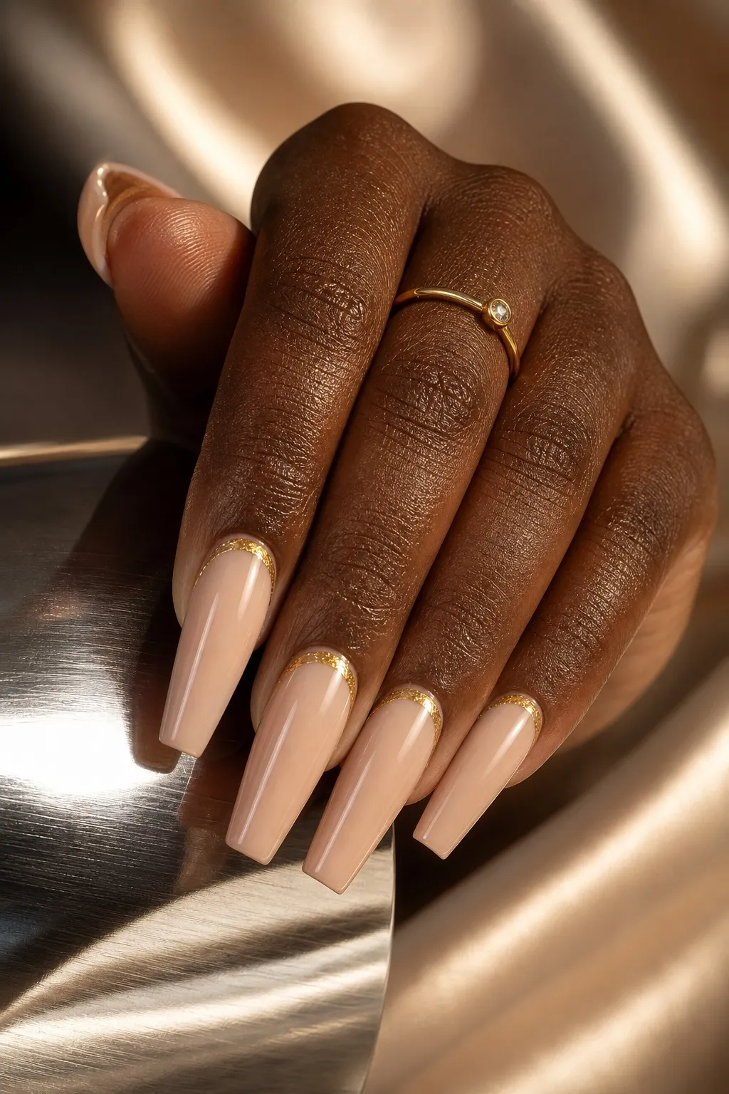Gold Cuticle Coffin — coffin nails with sheer nude base with a thin gold foil crescent along the cuticle on every nail, glossy, long coffin