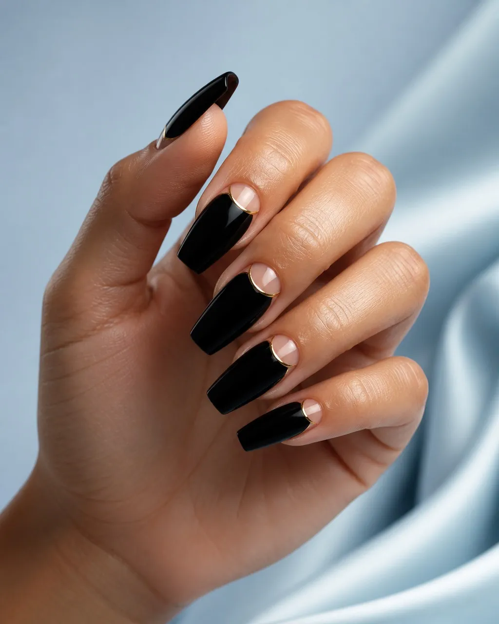 Half-Moon Coffin — coffin nails with glossy black crème with a bare half-moon at the cuticle outlined in a thin gold line, high gloss, medium…