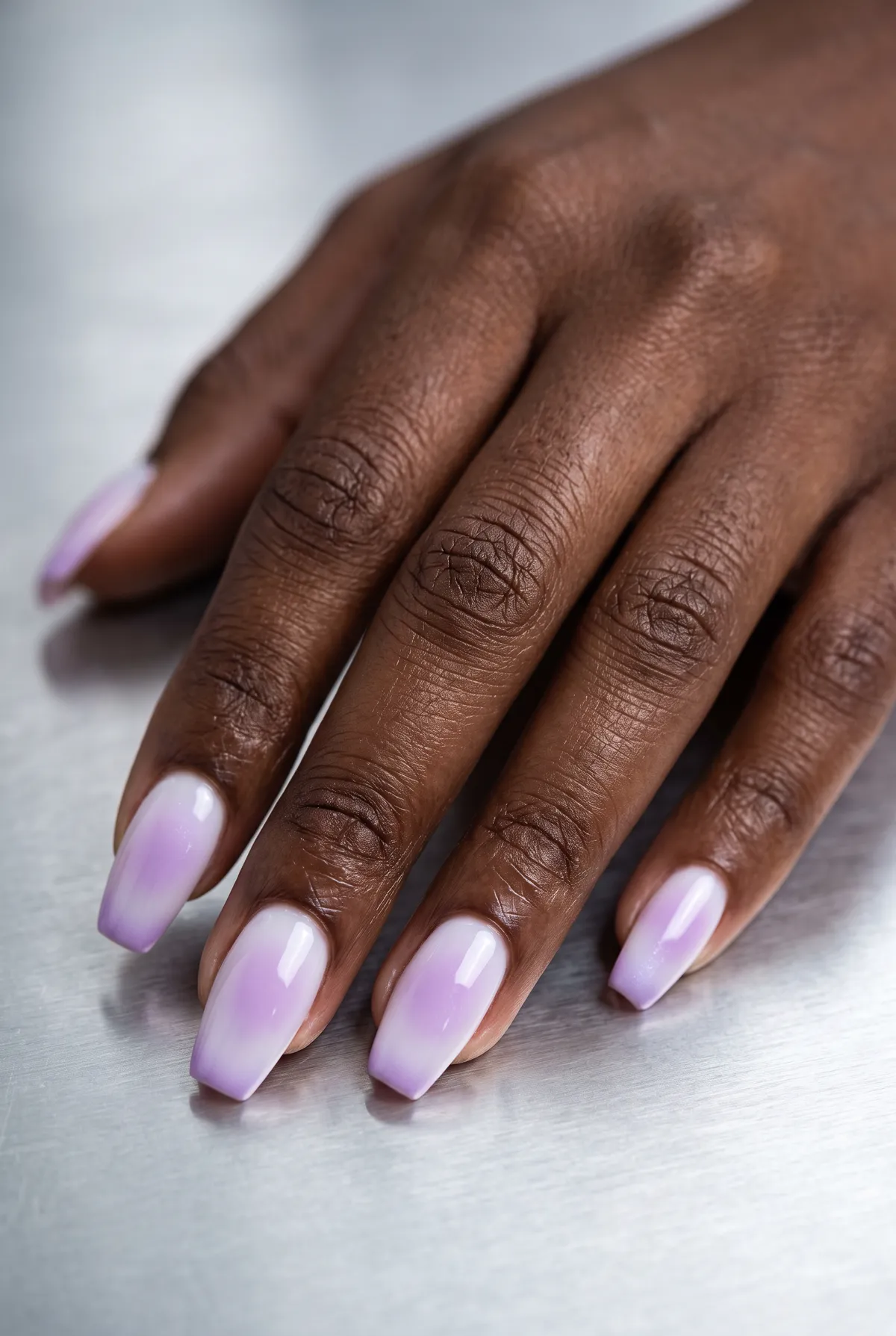 Lilac Mist Aura — coffin coffin nails with soft lilac aura effect airbrushed over a milky white base on a medium coffin shape, please
