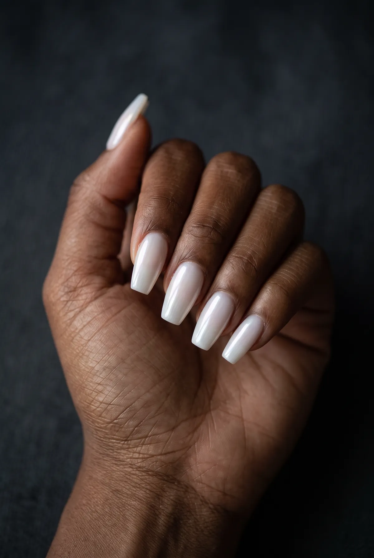Milk Glass Glaze — coffin coffin nails with sheer milky white gel base with a glazed high-shine topcoat on a medium coffin shape, please